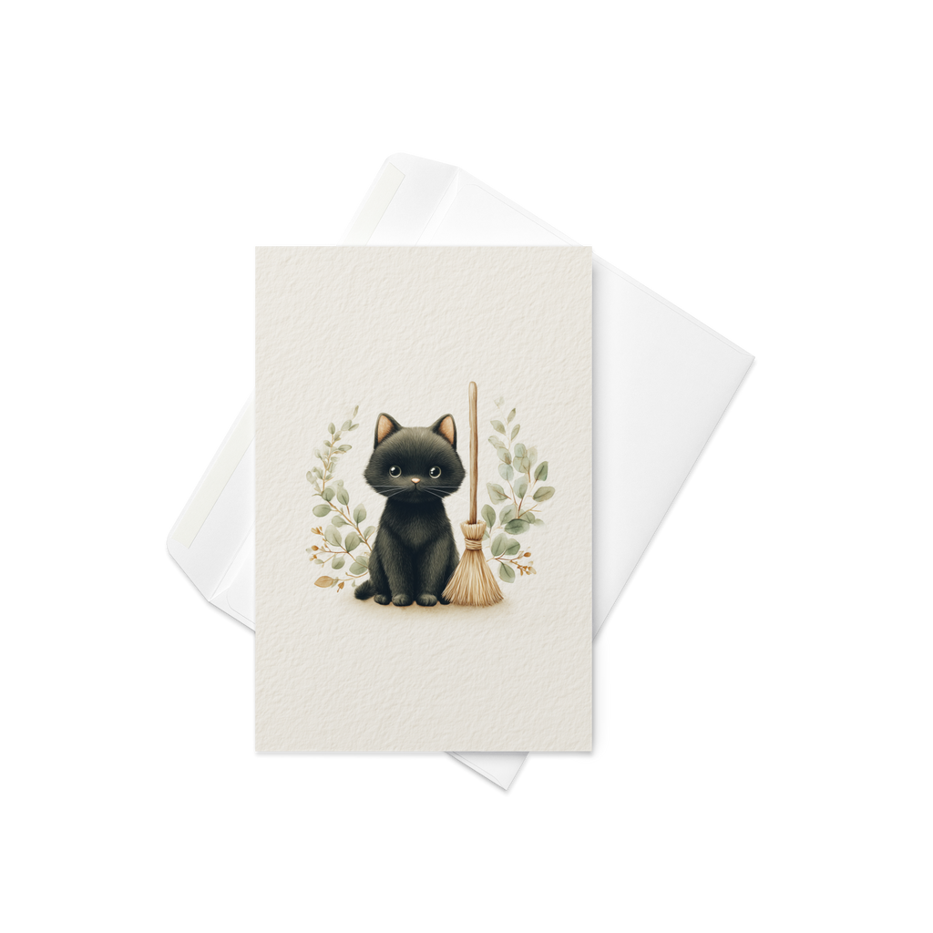 Black Cat with Broom Halloween Card