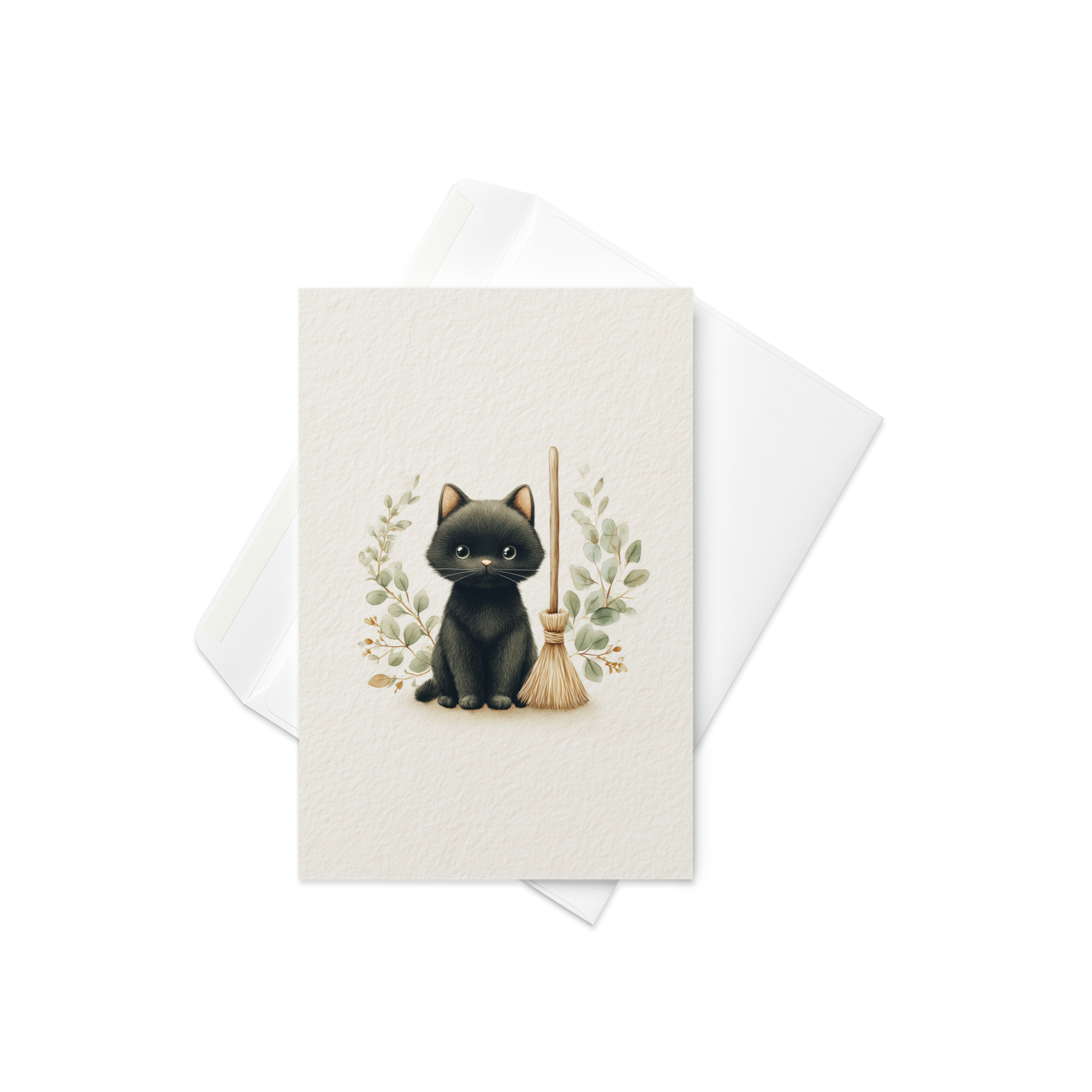 Black Cat with Broom Halloween Card