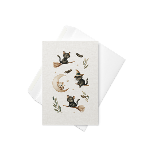 Black Cats Flying with Brooms Halloween Card