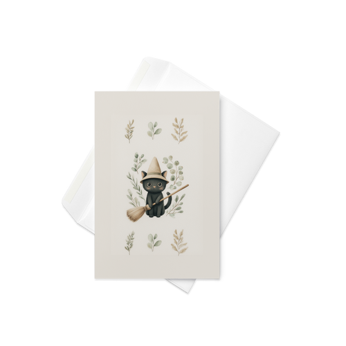 Black Cat with Broom Halloween Card